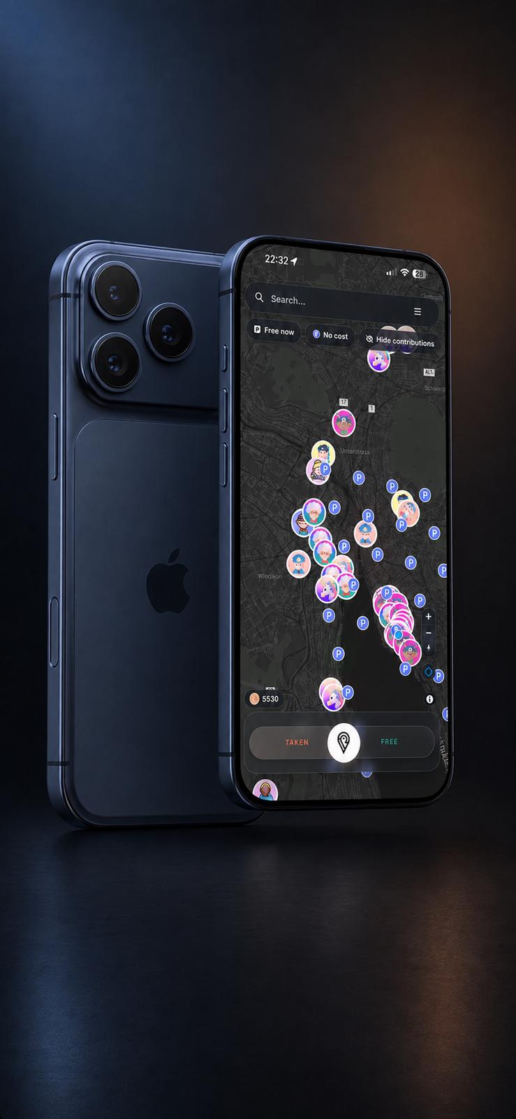 prken. map showing community contributions, with one-tap taken or free reporting
