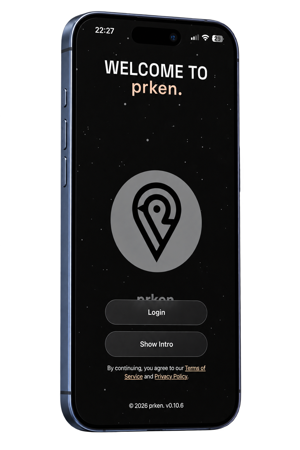 prken. mobile app welcome screen